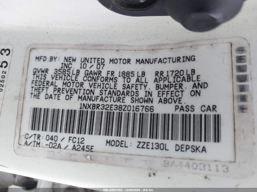 2008 Toyota Corolla S VIN: 1NXBR32E38Z016766 Lot: 43891003