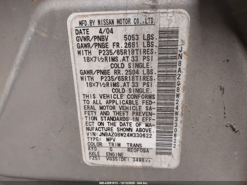 2004 Nissan Murano Sl VIN: JN8AZ08W24W330622 Lot: 43891013