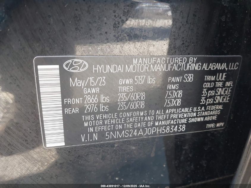 2023 Hyundai Santa Fe Sel VIN: 5NMS24AJ0PH583438 Lot: 43891017