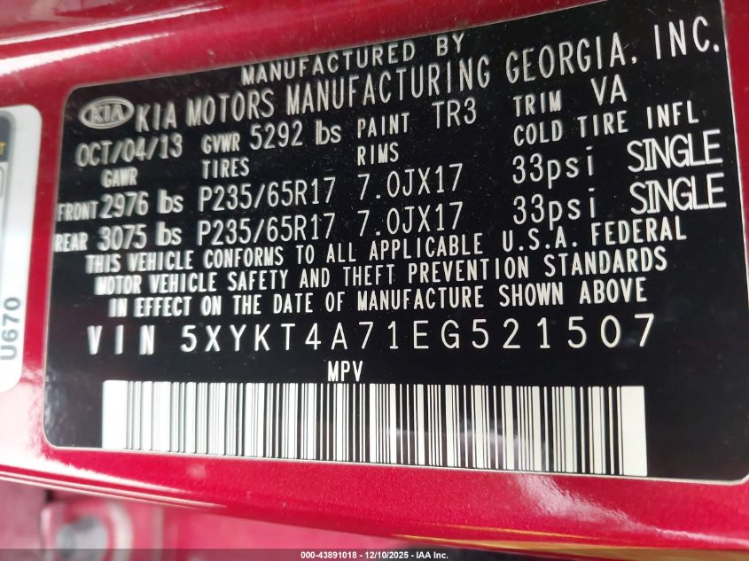 2014 Kia Sorento Lx V6 VIN: 5XYKT4A71EG521507 Lot: 43891018