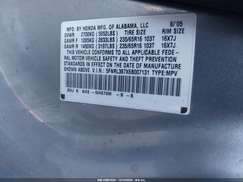 5FNRL387X6B007131 2006 HONDA ODYSSEY photo no. 9