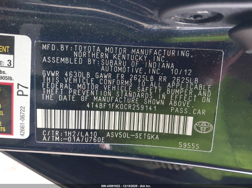 2012 Toyota Camry Xle VIN: 4T4BF1FK0CR259141 Lot: 43891022