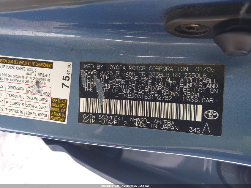 2006 Toyota Prius VIN: JTDKB20U163152782 Lot: 43891035