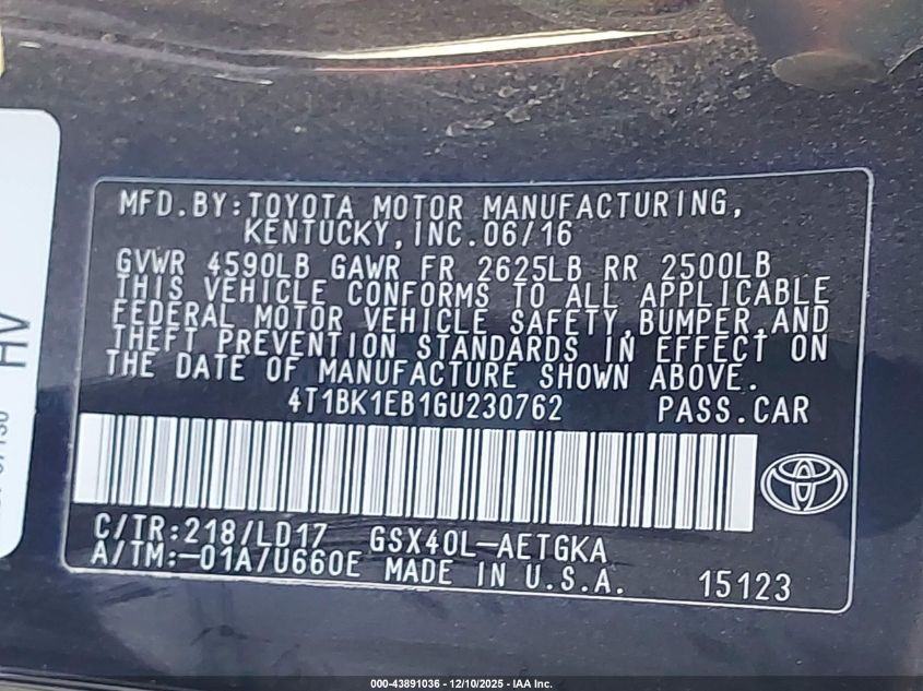 2016 Toyota Avalon Xle VIN: 4T1BK1EB1GU230762 Lot: 43891036