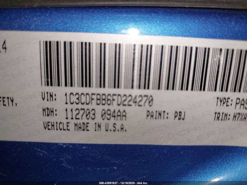 2015 Dodge Dart Sxt VIN: 1C3CDFBB6FD224270 Lot: 43891037