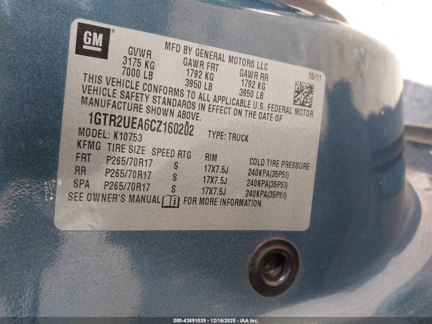 2012 GMC Sierra 1500 Sl VIN: 1GTR2UEA6CZ160202 Lot: 43891039