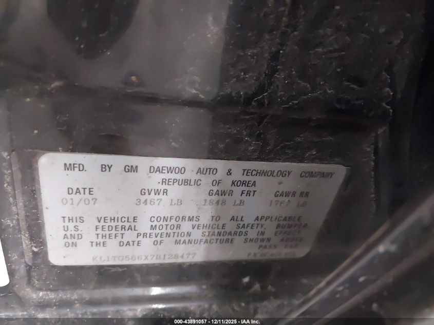 2007 Chevrolet Aveo Lt VIN: KL1TG566X7B128477 Lot: 43891057