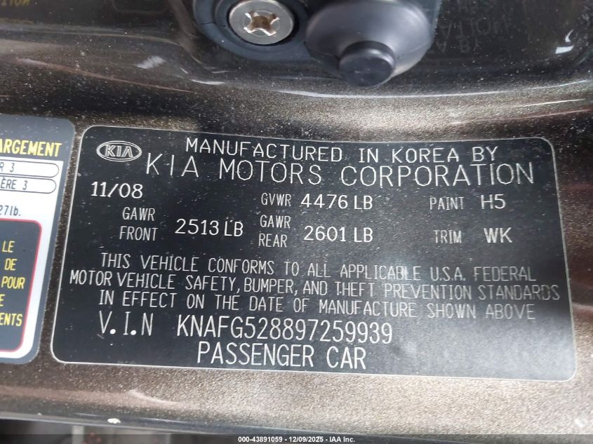 2009 Kia Rondo Lx VIN: KNAFG528897259939 Lot: 43891059