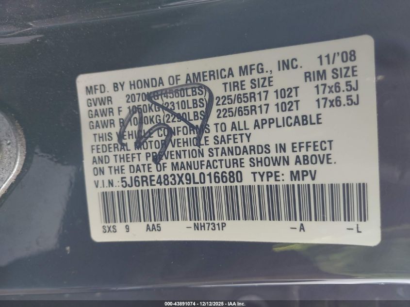 2009 Honda Cr-V Lx VIN: 5J6RE483X9L016680 Lot: 43891074