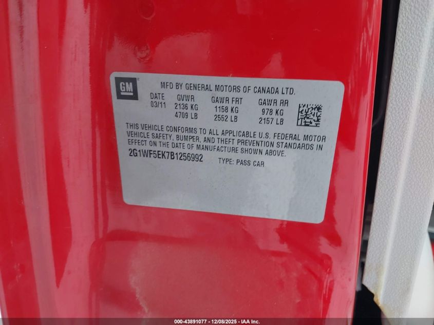 2011 Chevrolet Impala Ls VIN: 2G1WF5EK7B1256992 Lot: 43891077