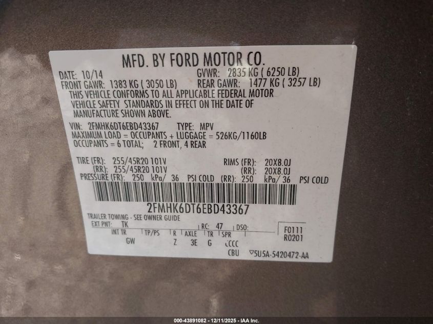 2014 Ford Flex Limited VIN: 2FMHK6DT6EBD43367 Lot: 43891082