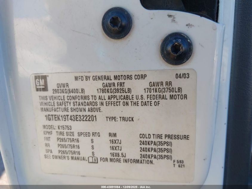 2003 GMC Sierra 1500 Sle VIN: 1GTEK19T43E322201 Lot: 43891084