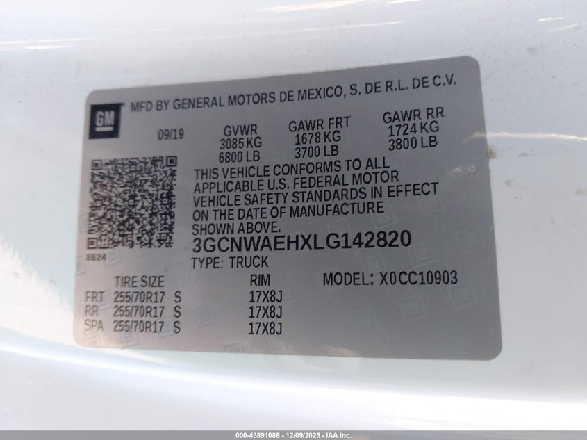 2020 Chevrolet Silverado 1500 2Wd Long Bed Wt VIN: 3GCNWAEHXLG142820 Lot: 43891086