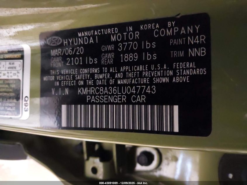 2020 Hyundai Venue Sel VIN: KMHRC8A36LU047743 Lot: 43891089