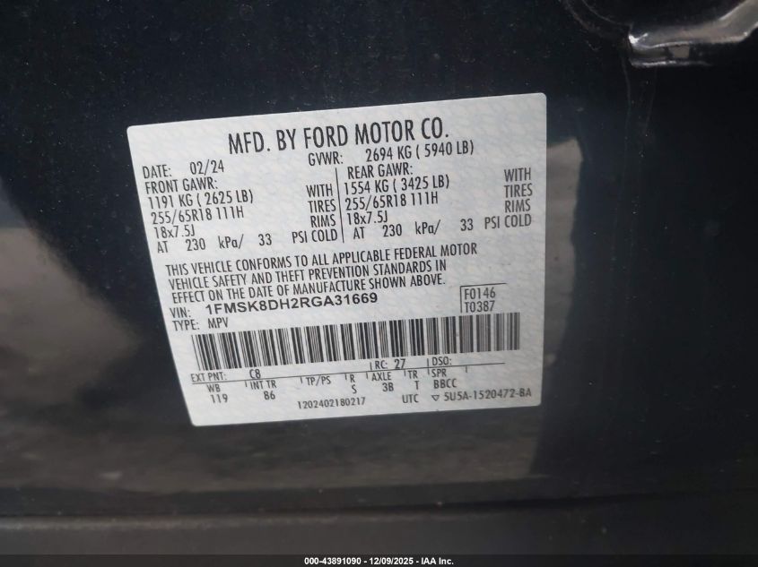 2024 Ford Explorer Xlt VIN: 1FMSK8DH2RGA31669 Lot: 43891090