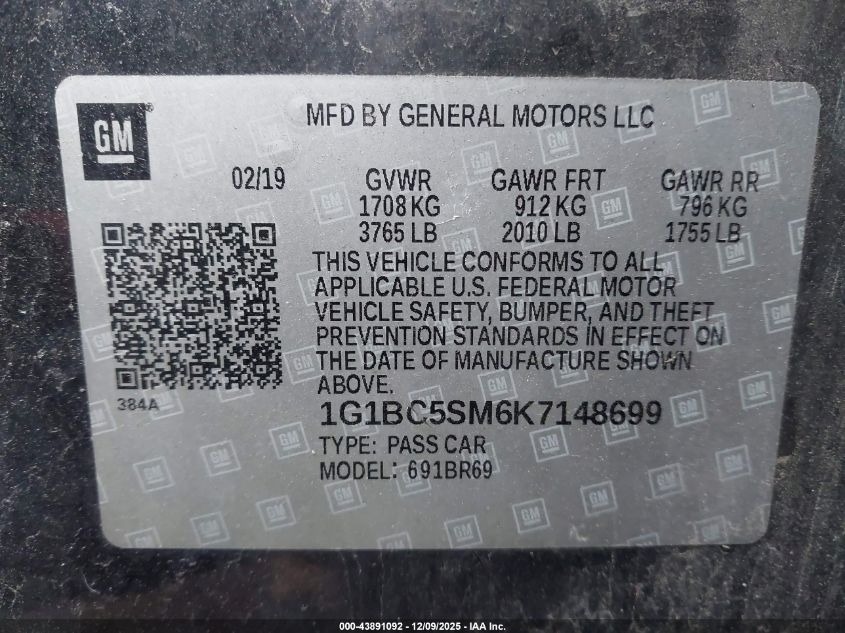 2019 Chevrolet Cruze Ls VIN: 1G1BC5SM6K7148699 Lot: 43891092