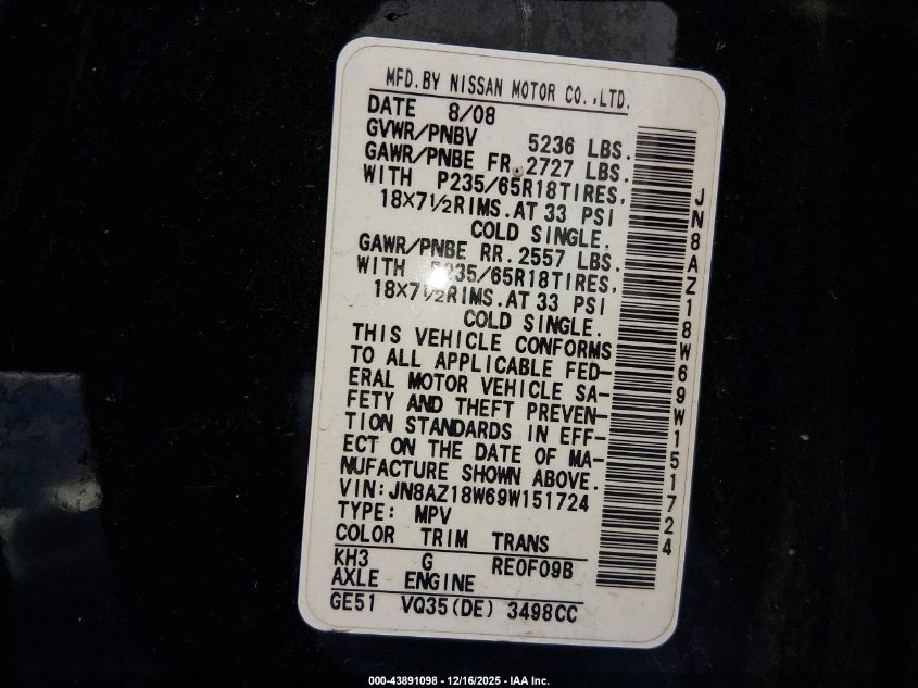 2009 Nissan Murano Sl VIN: JN8AZ18W69W151724 Lot: 43891098