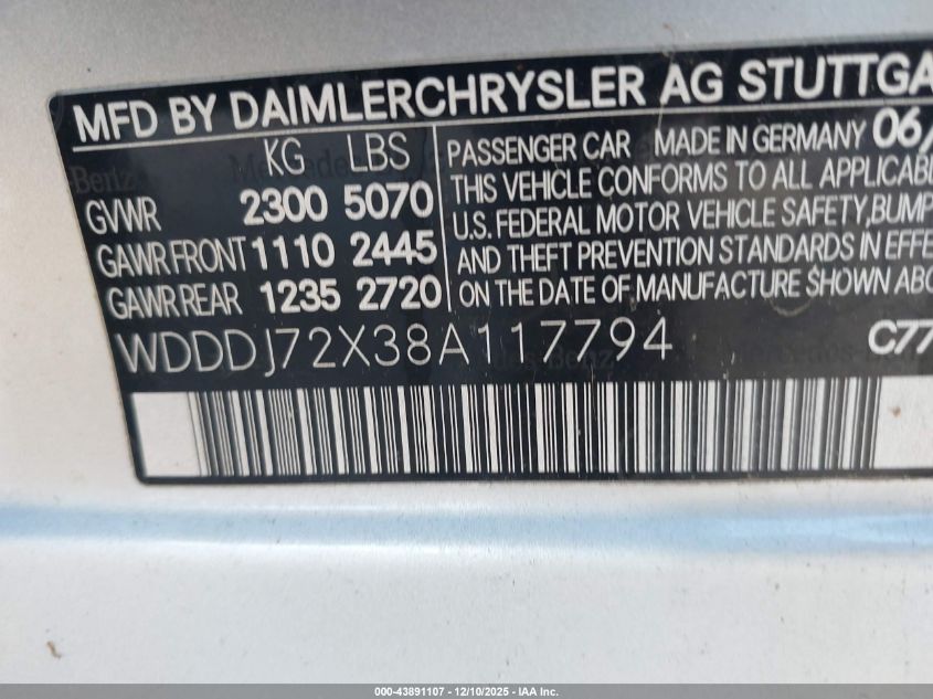 2008 Mercedes-Benz Cls 550 VIN: WDDDJ72X38A117794 Lot: 43891107