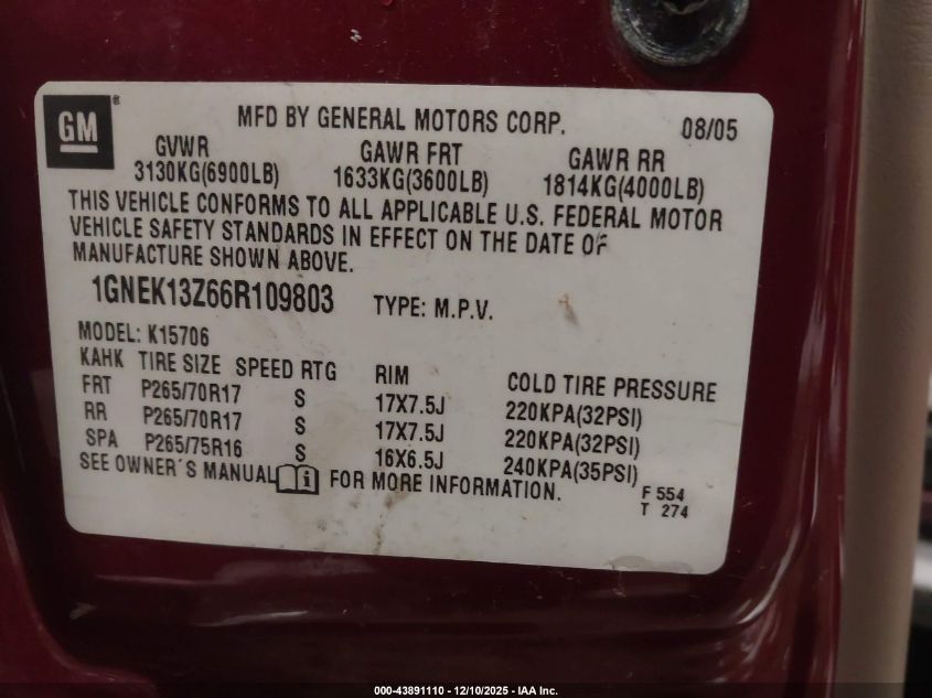 2006 Chevrolet Tahoe Lt VIN: 1GNEK13Z66R109803 Lot: 43891110