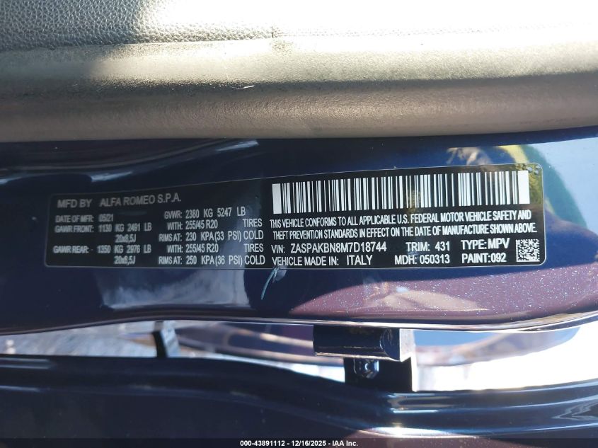 2021 Alfa Romeo Stelvio Ti Awd VIN: ZASPAKBN8M7D18744 Lot: 43891112