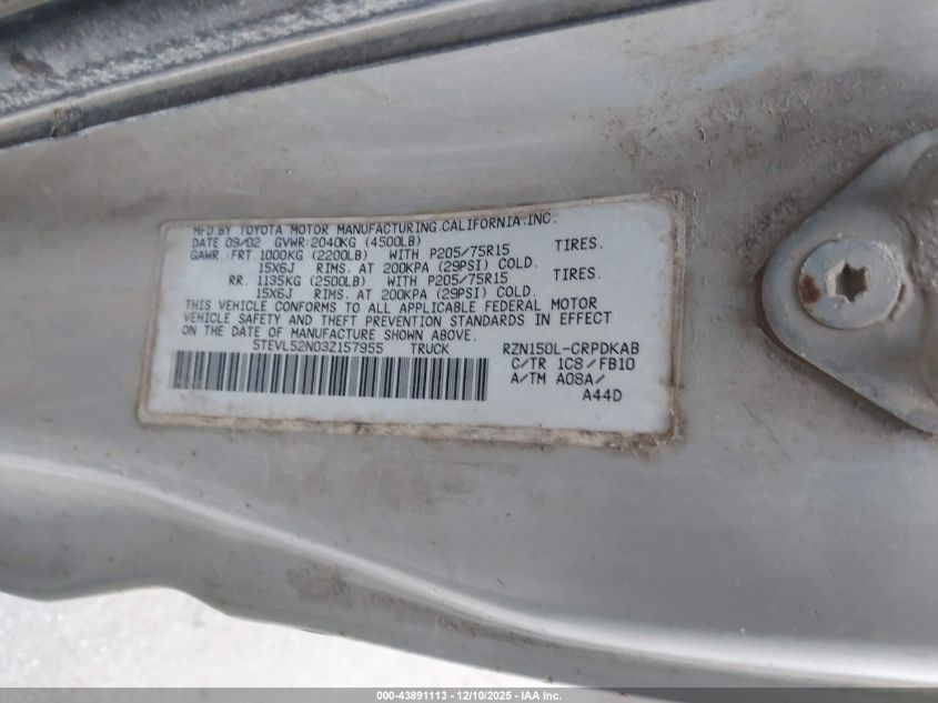 2003 Toyota Tacoma VIN: 5TEVL52N03Z157955 Lot: 43891113