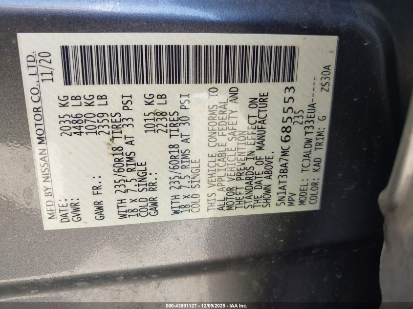 2021 Nissan Rogue Sv Fwd VIN: 5N1AT3BA7MC685553 Lot: 43891127