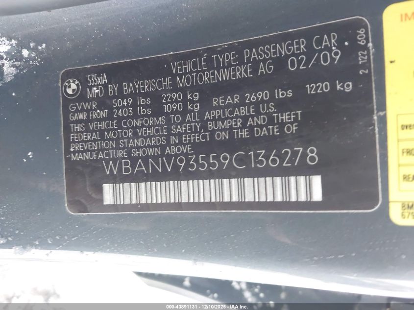 2009 BMW 535I xDrive VIN: WBANV93559C136278 Lot: 43891131