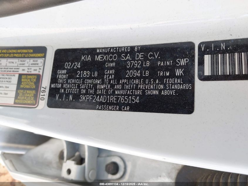 2024 Kia Forte Lxs VIN: 3KPF24AD1RE765154 Lot: 43891134
