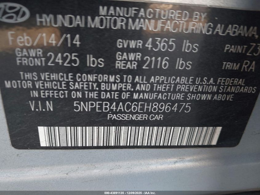 2014 Hyundai Sonata Gls VIN: 5NPEB4AC6EH896475 Lot: 43891135