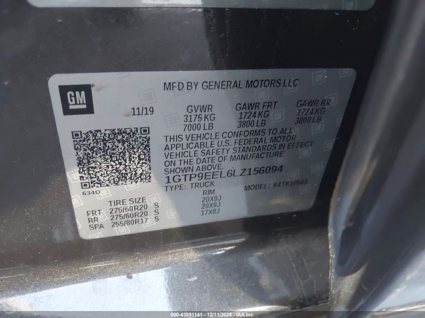 2020 GMC Sierra 1500 4Wd Short Box At4 VIN: 1GTP9EEL6LZ156094 Lot: 43891141