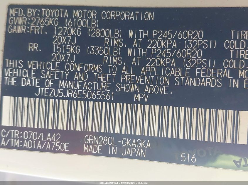 2014 Toyota 4Runner Limited VIN: JTEZU5JR6E5065561 Lot: 43891144