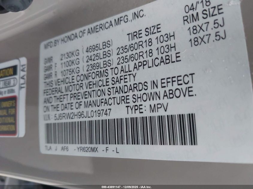 2018 Honda Cr-V Touring VIN: 5J6RW2H96JL019747 Lot: 43891147