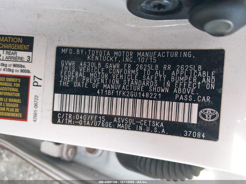 2016 Toyota Camry Se VIN: 4T1BF1FK2GU148221 Lot: 43891149