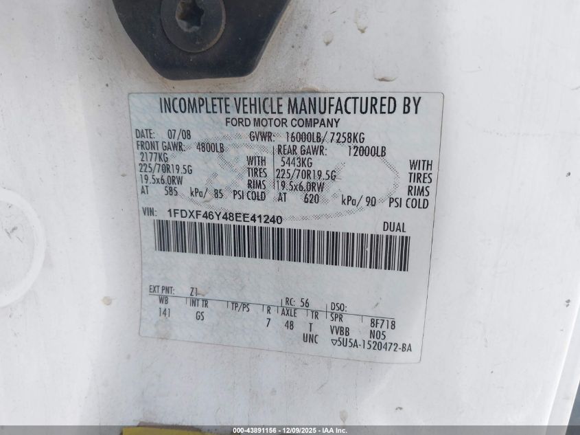 2008 Ford F-450 Chassis Xl/Xlt VIN: 1FDXF46Y48EE41240 Lot: 43891156