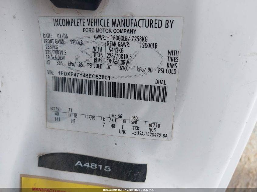 2006 Ford F-450 Chassis Xl/Xlt VIN: 1FDXF47Y46EC53801 Lot: 43891158