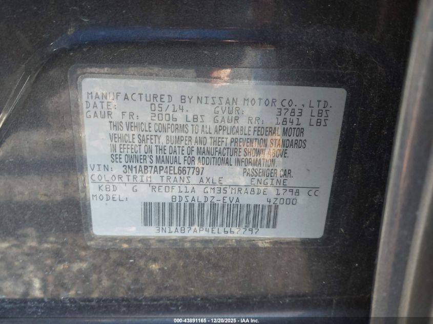 2014 Nissan Sentra Fe+ S/Fe+ Sv/S/Sl/Sr/Sv VIN: 3N1AB7AP4EL667797 Lot: 43891165