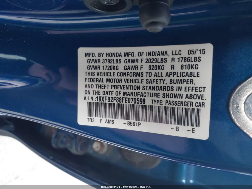 2015 Honda Civic Ex VIN: 19XFB2F88FE070598 Lot: 43891171