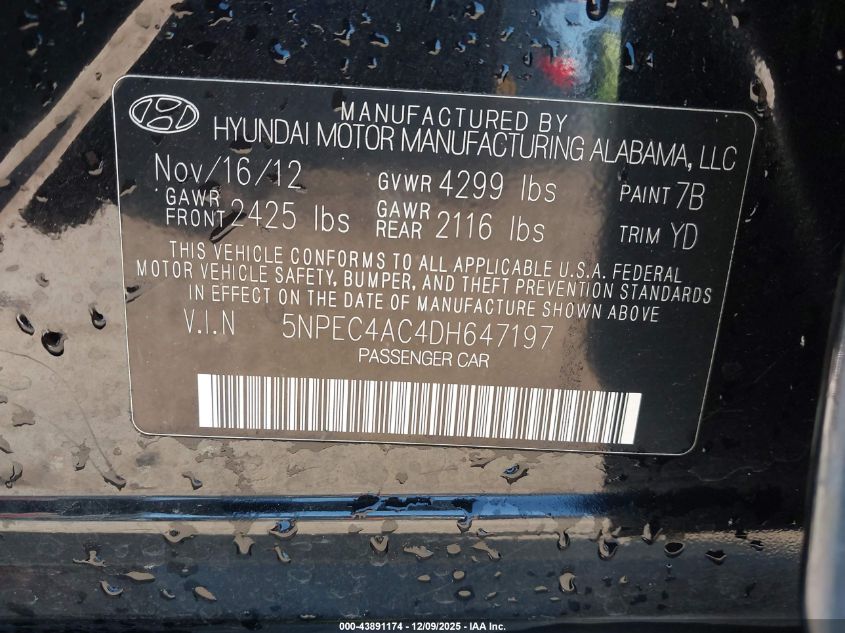 2013 Hyundai Sonata Limited VIN: 5NPEC4AC4DH647197 Lot: 43891174