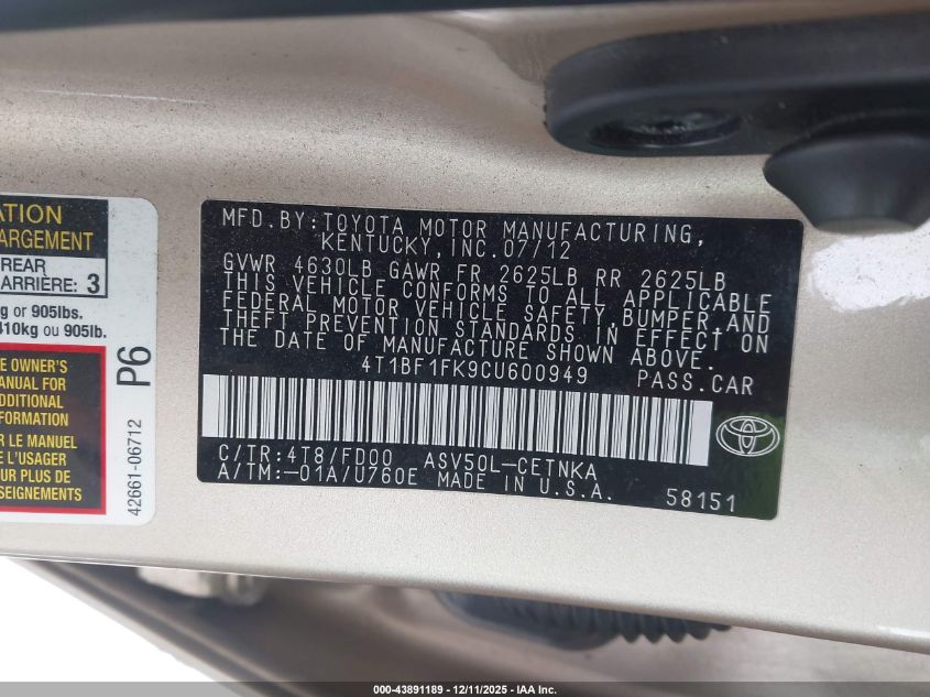 2012 Toyota Camry Le VIN: 4T1BF1FK9CU600949 Lot: 43891189