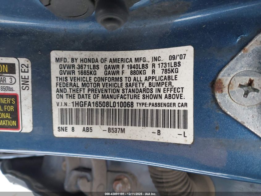 2008 Honda Civic Lx VIN: 1HGFA16508L010068 Lot: 43891191