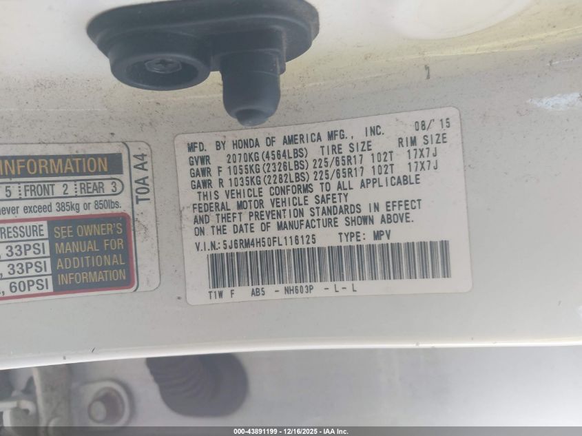 2015 Honda Cr-V Ex VIN: 5J6RM4H50FL116125 Lot: 43891199
