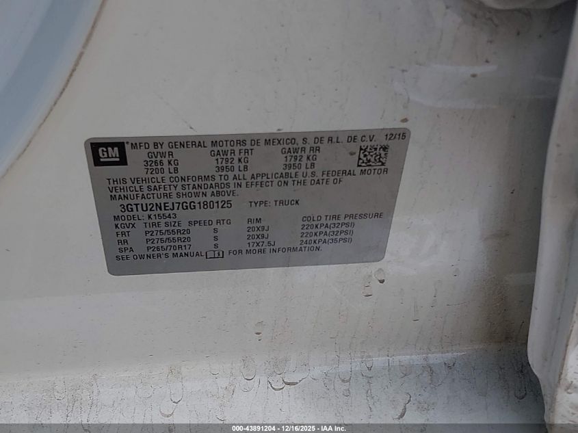 2016 GMC Sierra 1500 Slt VIN: 3GTU2NEJ7GG180125 Lot: 43891204