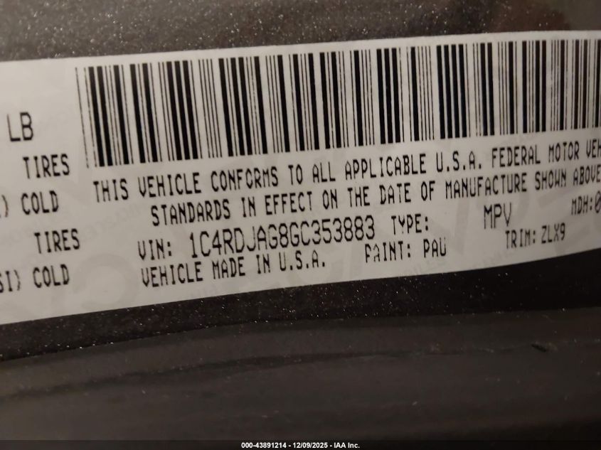 2016 Dodge Durango Sxt VIN: 1C4RDJAG8GC353883 Lot: 43891214