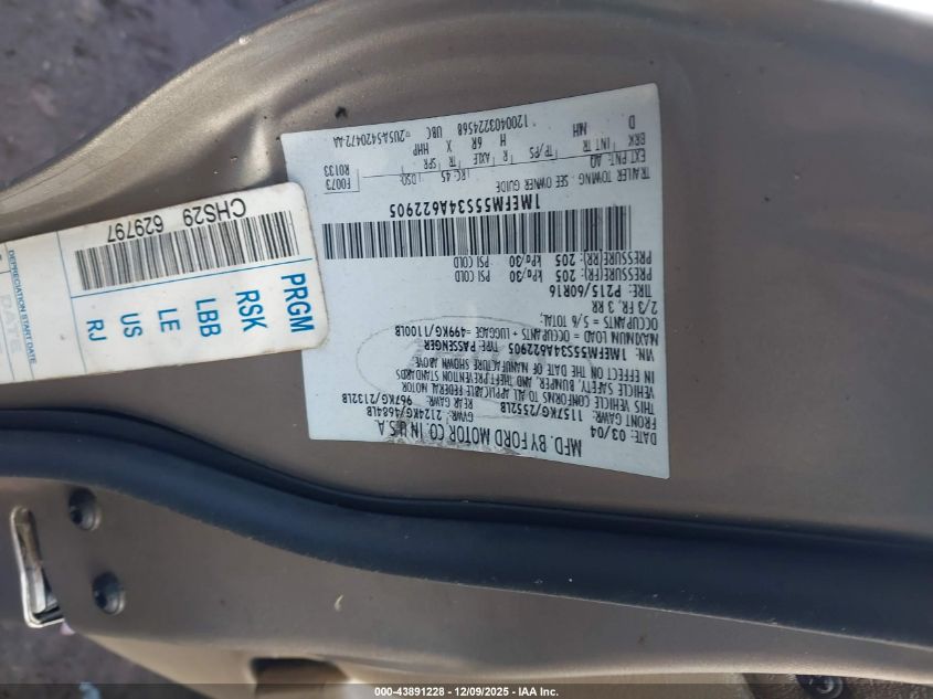 2004 Mercury Sable Ls Premium VIN: 1MEFM55S34A622905 Lot: 43891228