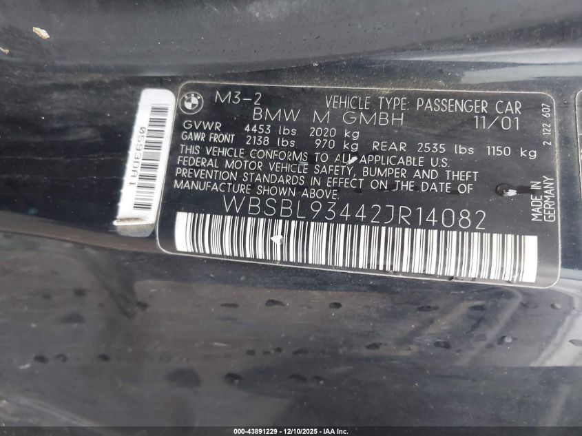 2002 BMW M3 VIN: WBSBL93442JR14082 Lot: 43891229