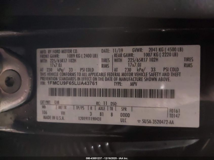 2020 Ford Escape S VIN: 1FMCU9F65LUA43761 Lot: 43891237