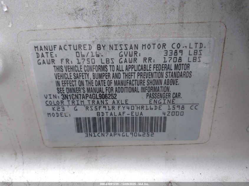 2016 Nissan Versa 1.6 S VIN: 3N1CN7AP4GL906252 Lot: 43891239