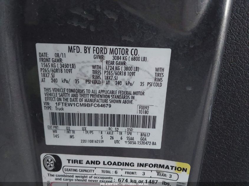 2011 Ford F150 VIN: 1FTVW1CM9BFC64679 Lot: 43891247