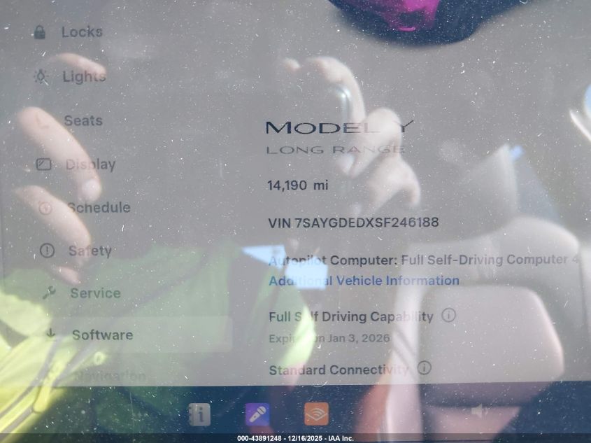 2025 Tesla Model Y Long Range Dual Motor Rear-Wheel Drive VIN: 7SAYGDEDXSF246188 Lot: 43891248