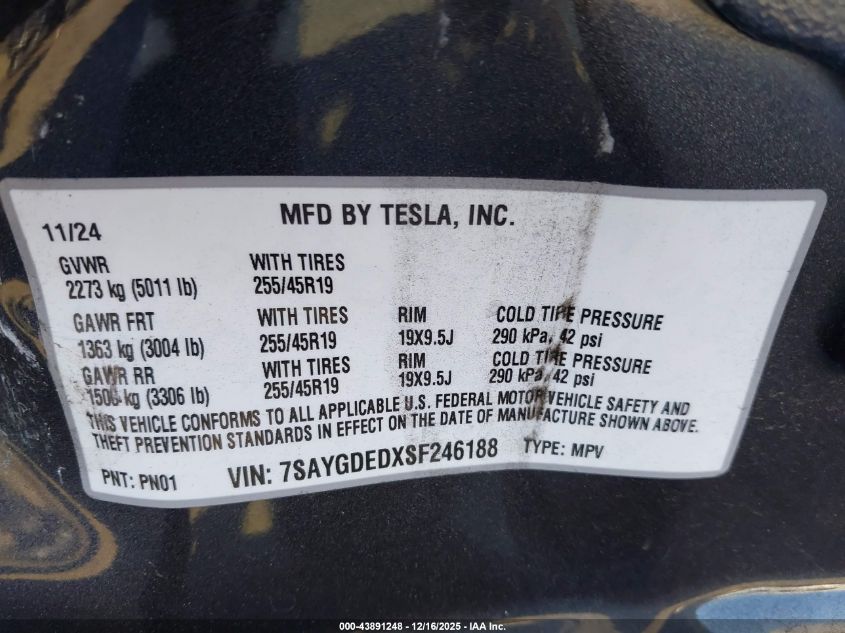 2025 Tesla Model Y Long Range Dual Motor Rear-Wheel Drive VIN: 7SAYGDEDXSF246188 Lot: 43891248
